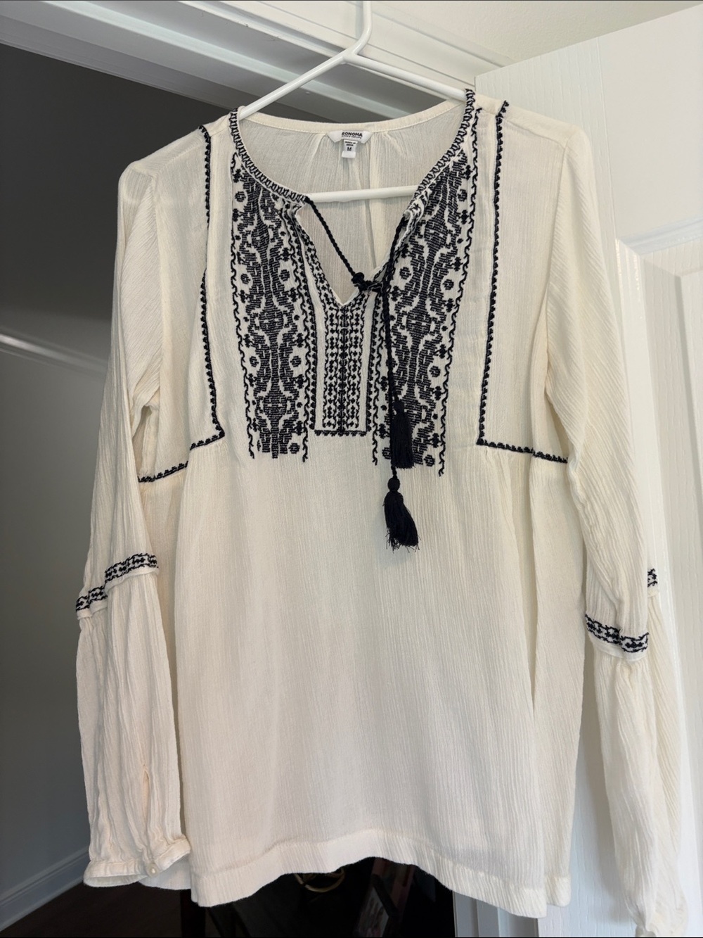 Ivory Embroidered Peasant Top with Black Detail Sonoma large linen
